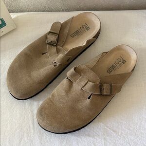 White Mountain Suede Clog Slides in Taupe with Buckle